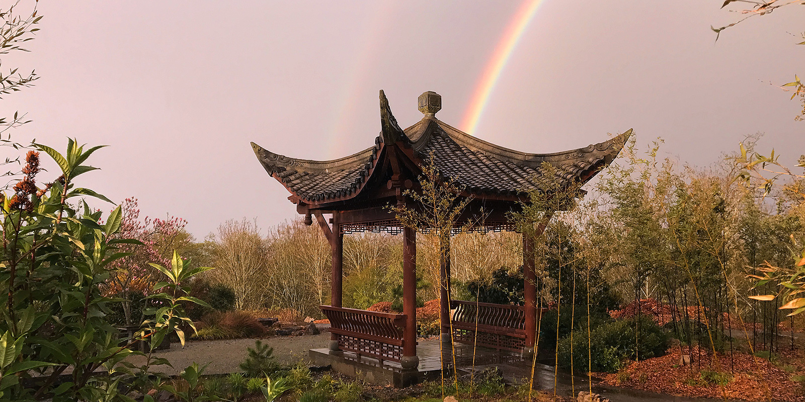 Seattle Chinese Garden pavilion with rainbow