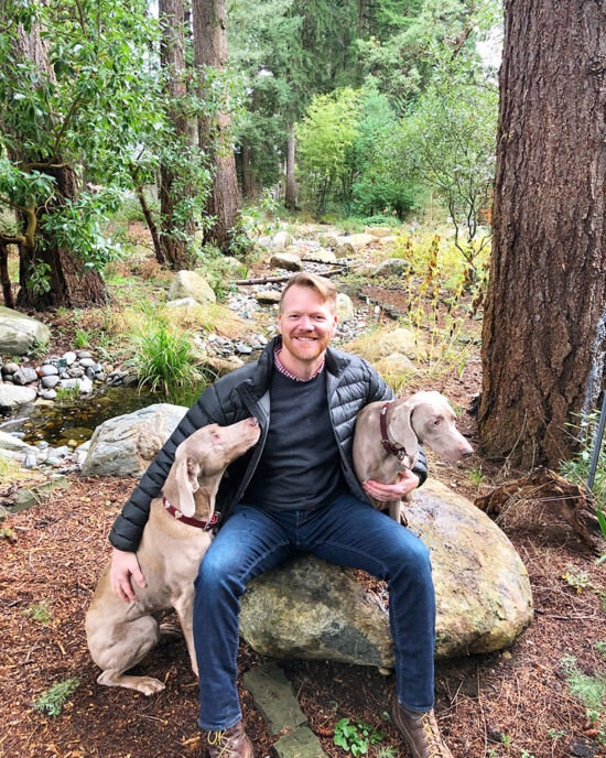 Joe Abken, two dogs in the garden