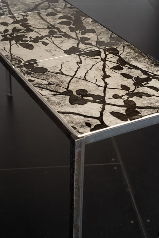 Leaves on a pond tile table