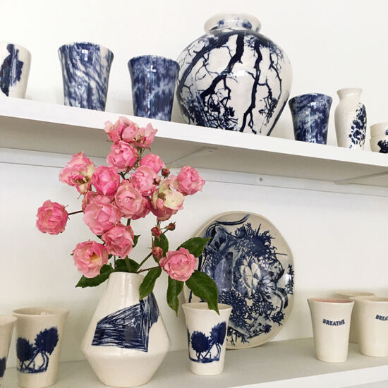 A Visual Joy of Botanical Prints on Clay, Laura Brodax, blue stoneware