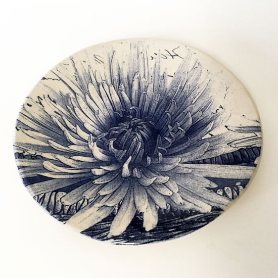 A Visual Joy of Botanical Prints on Clay, Laura Brodax, chrysanthemum blue plate